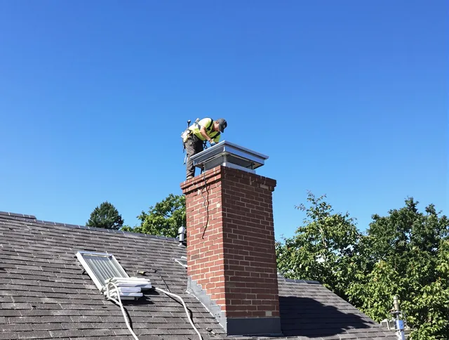 Wareham Chimney Sweep technician measuring a chimney cap in Wareham, MA