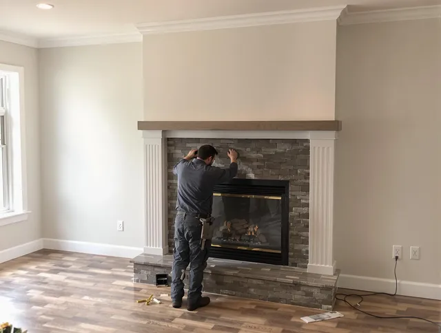 Wareham Chimney Sweep finishing a custom fireplace install in Wareham, MA